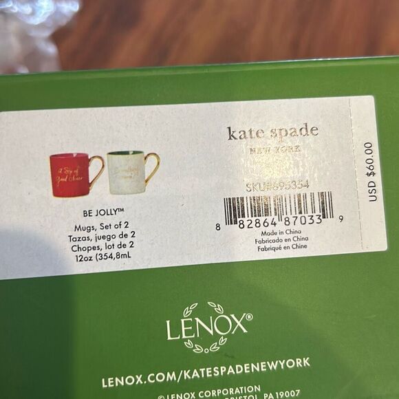 NEW Lenox Kate Spade be jolly set of two mugs red green gold Christmas gifts cof - Picture 4 of 5